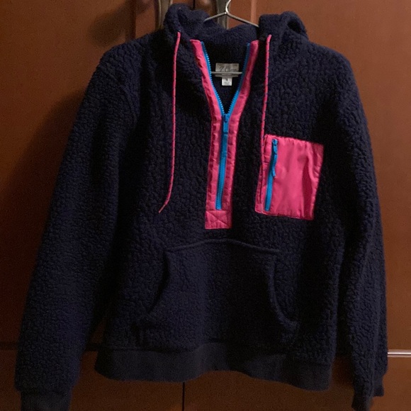J. Crew Jackets & Blazers - J Crew Vintage Fleece Sherpa Medium Navy Pink Half Zip Pullover Hooded